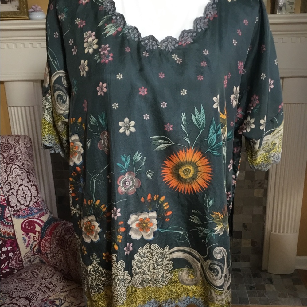 Johnny Was Adalee silk blouse. Never worn. See pictures for measurements Med EUC